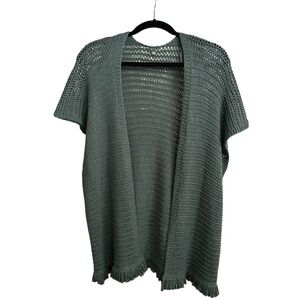 MARGARET O’LEARY Green Crocheted Open Fringe Cardigan Loose Knit Boho Size Small